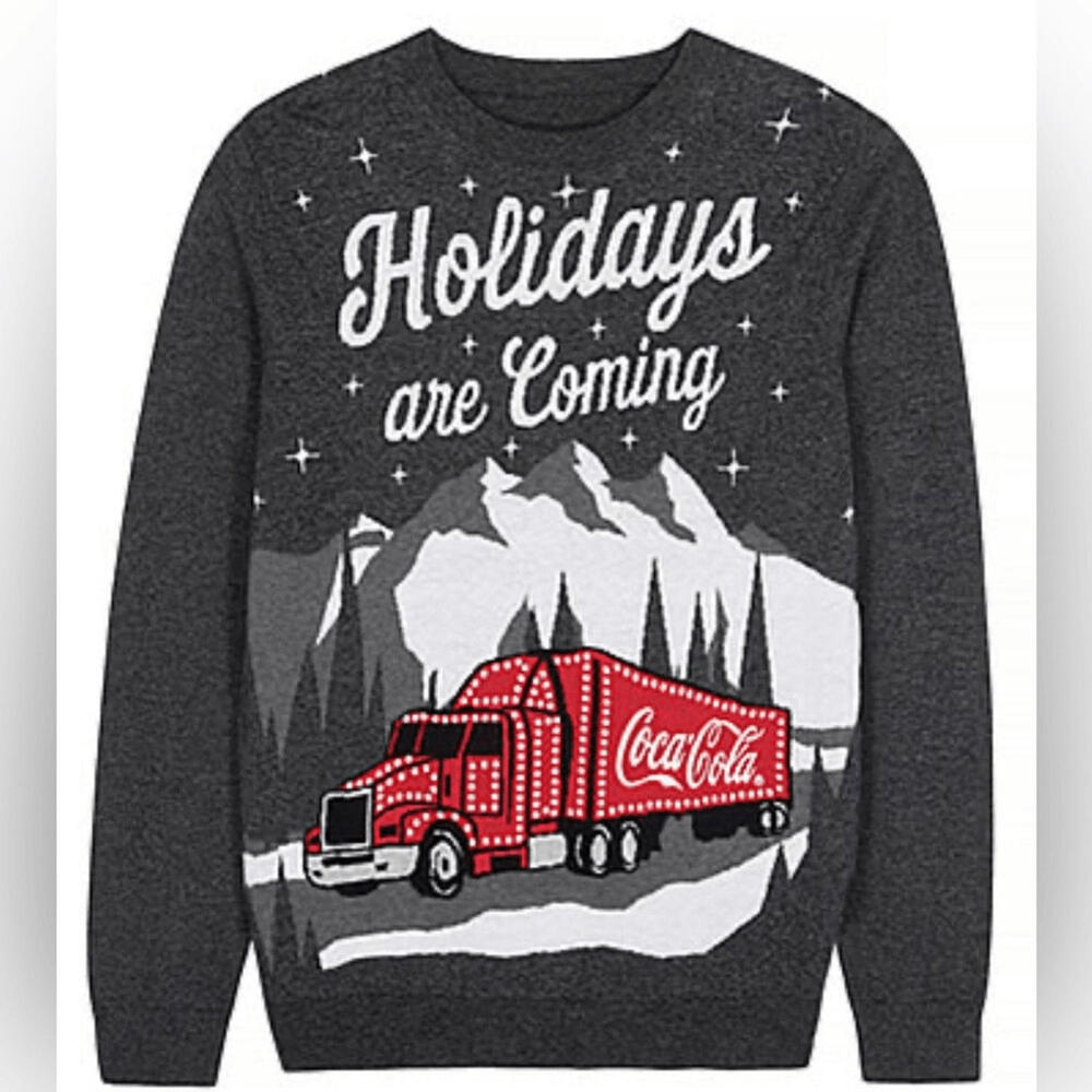 Coca-Cola Holidays Are Coming Christmas Truck Gray Sweater Size Large L Y2K